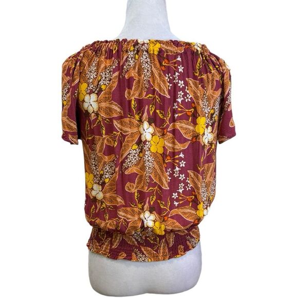Floral Smocked Off Shoulder Blouse‎ Top Red Yellow Autumn Print - Picture 3 of 7